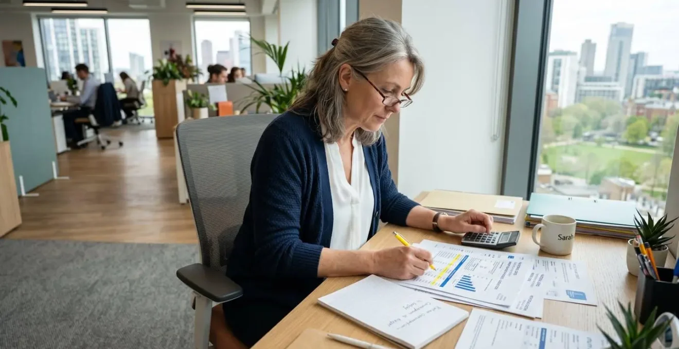 Responsable administratif analysant une facture d'électricité professionnelle à son bureau dans un open-space moderne