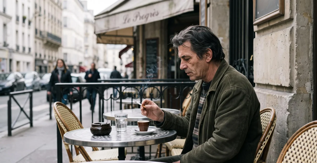 Un homme fume une cigarette attablé sur une terrasse de café française.