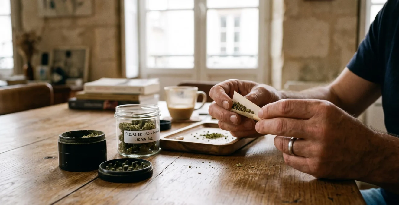Des mains roulent une fleur de CBD dans un papier à une table domestique.