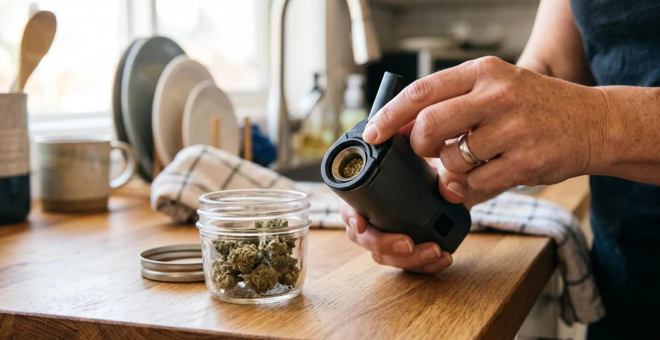 Une main règle un vaporisateur posé à côté d'un flacon de fleurs de CBD.